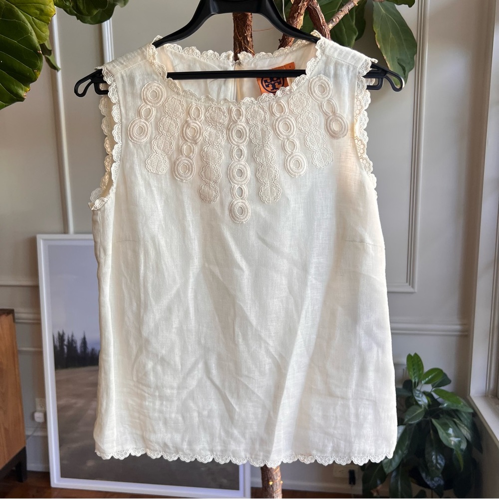 Tory Burch Cream Linen Sleeveless Blouse Sz 2